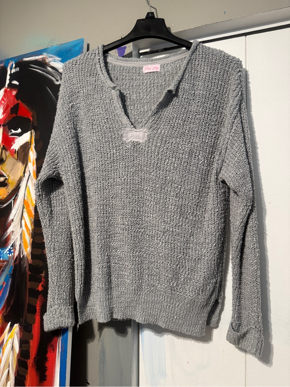 Pink Lily Distressed Chunky Knit Sweater Split Neck Raw Hem Grey L
